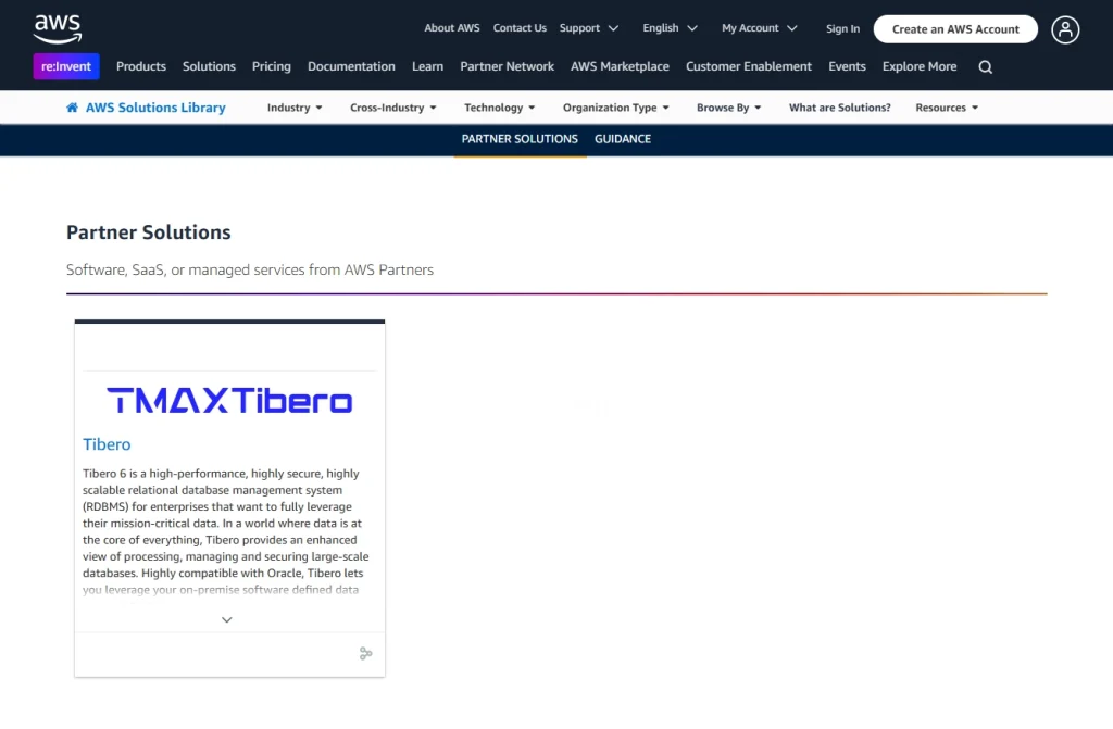 티맥스티베로, AWS 솔루션즈 라이브러리 등재…글로벌 기술력 입증 1 AWS Solutions Library TmaxTibero AWS Solutions Library_TmaxTibero