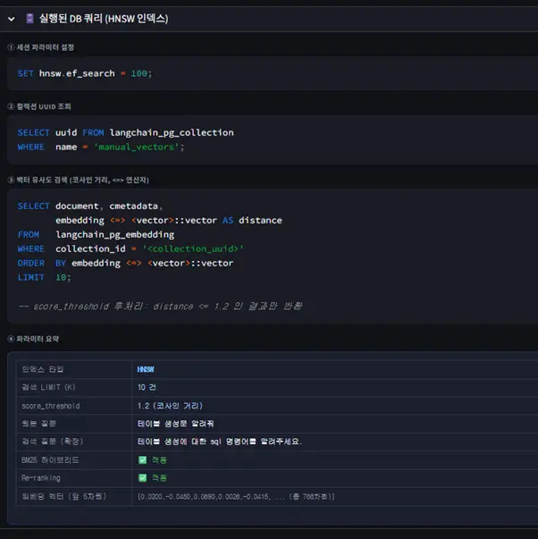 OpenSQL pgvector를 활용한 Tibero 매뉴얼 챗봇 미니 프로젝트 구축기 8 수행 쿼리 화면 수행 쿼리 화면